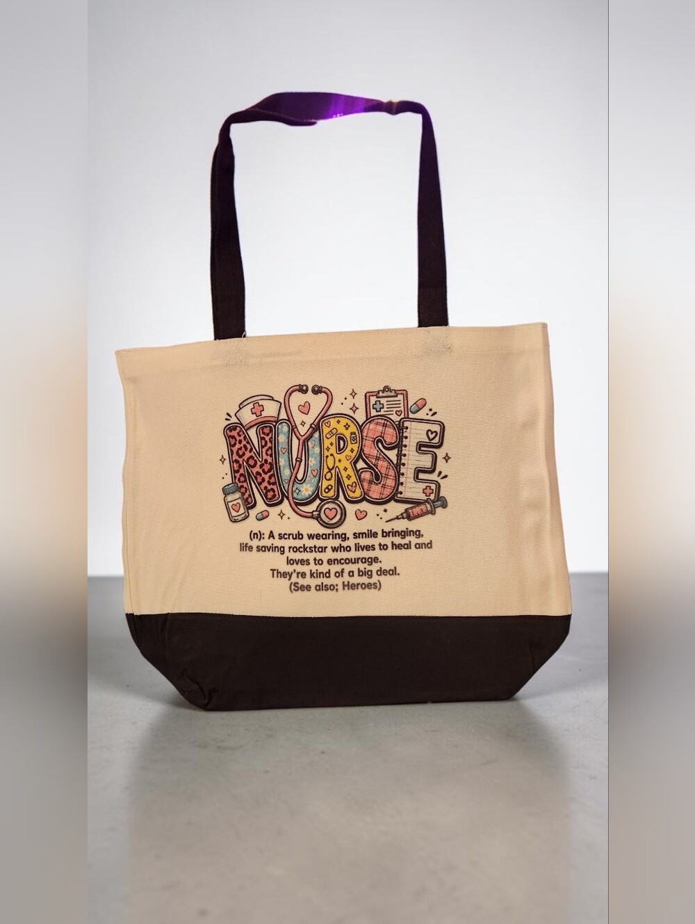 Nurse Graphic Tote Bag - Beige and Black. Hand Crafted